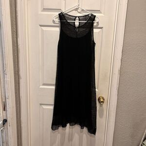 Eileen‎ Fisher Sheer Hemp Herringbone Lace Crew Neck Dress Black Medium Slip